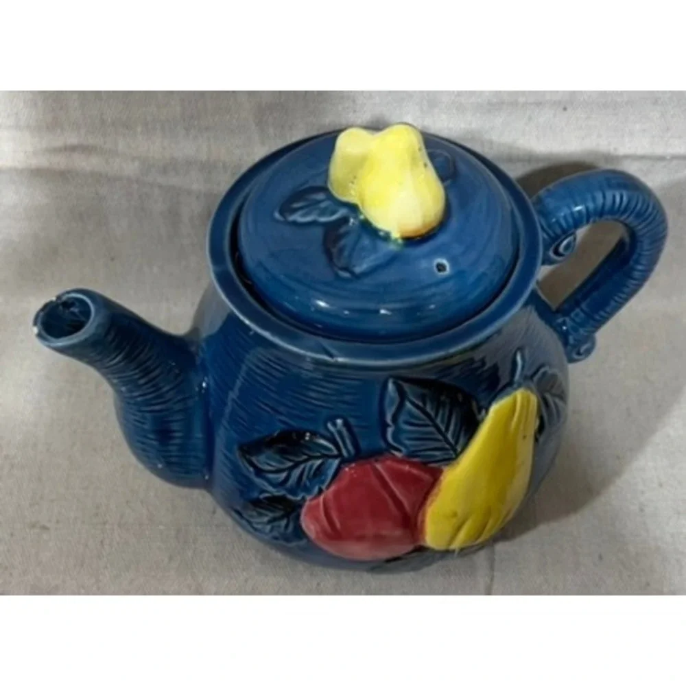 Vintage Cobalt Blue Ceramic Teapot Fruit Relief Apple Pear Made in Japan 7x8